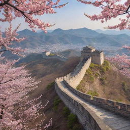 Generate a scenic image combining significant elements of China, including the Great Wall, traditional pagodas, and flourishing cherry blossom trees