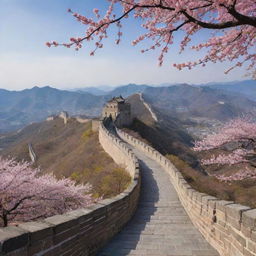 Generate a scenic image combining significant elements of China, including the Great Wall, traditional pagodas, and flourishing cherry blossom trees