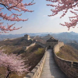 Generate a scenic image combining significant elements of China, including the Great Wall, traditional pagodas, and flourishing cherry blossom trees