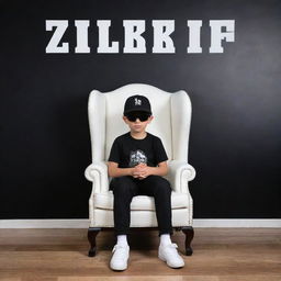 A 3D illusion featuring a boy in a black shirt sitting casually on a wingback chair. He wears sneakers, a black cricket cap, and sunglasses, looking forward. The background is a black wall with the words 'ZULKIFL' in white, large, capital letters. No shadow for the boy.