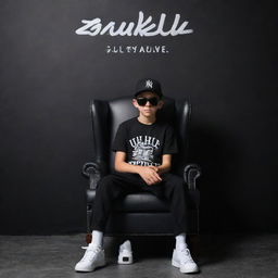 A 3D illusion featuring a boy in a black shirt sitting casually on a wingback chair. He wears sneakers, a black cricket cap, and sunglasses, looking forward. The background is a black wall with the words 'ZULKIFL' in white, large, capital letters. No shadow for the boy.