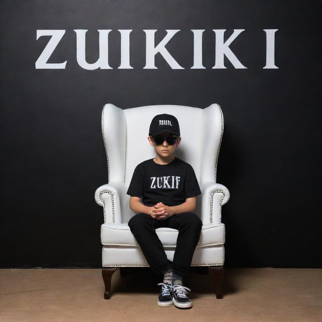 A 3D illusion featuring a boy in a black shirt sitting casually on a wingback chair. He wears sneakers, a black cricket cap, and sunglasses, looking forward. The background is a black wall with the words 'ZULKIFL' in white, large, capital letters. No shadow for the boy.