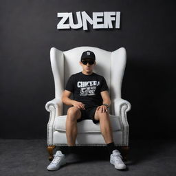 A 3D illusion of a boy in a black shirt, sneakers, cricket cap and sunglasses sitting casually on a wingback chair. He looks straight ahead. The background prominently features 'ZULKIFL' in large, capital, white fonts on a black wall. No shadow is present.