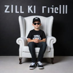 A 3D illusion of a boy in a black shirt, sneakers, cricket cap and sunglasses sitting casually on a wingback chair. He looks straight ahead. The background prominently features 'ZULKIFL' in large, capital, white fonts on a black wall. No shadow is present.