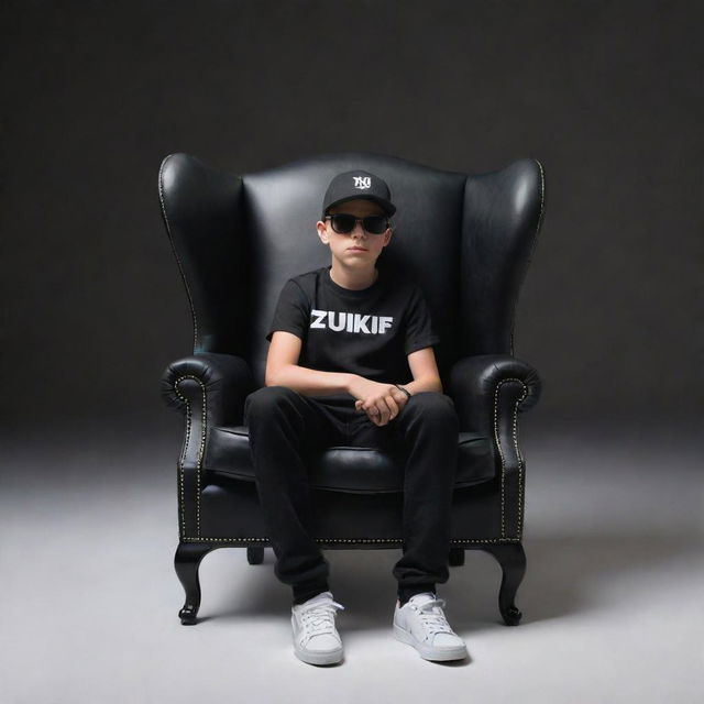 A 3D illusion of a boy in a black shirt, sneakers, cricket cap and sunglasses sitting casually on a wingback chair. He looks straight ahead. The background prominently features 'ZULKIFL' in large, capital, white fonts on a black wall. No shadow is present.