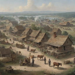 A bustling early American colony with rustic buildings and settlers going about their daily activities