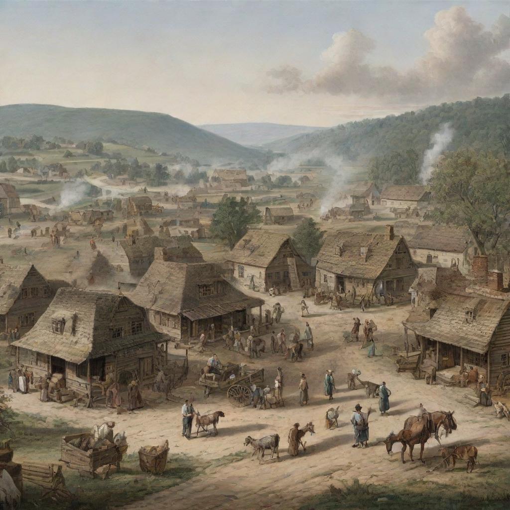 A bustling early American colony with rustic buildings and settlers going about their daily activities