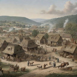 A bustling early American colony with rustic buildings and settlers going about their daily activities