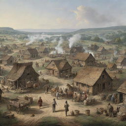 A bustling early American colony with rustic buildings and settlers going about their daily activities