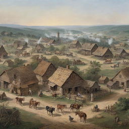 A bustling early American colony with rustic buildings and settlers going about their daily activities