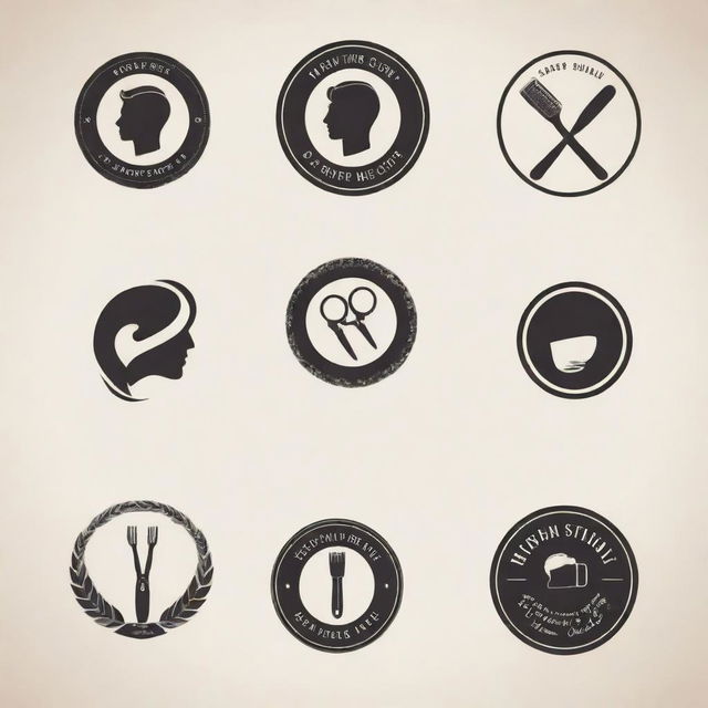 A variety of distinctive and stylish logos for a men's salon, showcasing images of grooming tools, hairdressing icons and masculine aesthetics, without the inclusion of a text or name