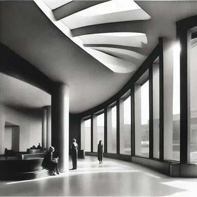 The modernist architectural design of the building featured a foyer with dolman sleeve-shaped windows.