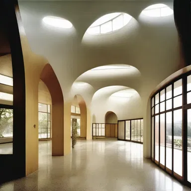 The modernist architectural design of the building featured a foyer with dolman sleeve-shaped windows.
