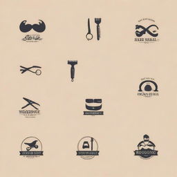 A variety of distinctive and stylish logos for a men's salon, showcasing images of grooming tools, hairdressing icons and masculine aesthetics, without the inclusion of a text or name