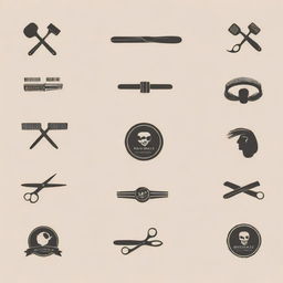 A variety of distinctive and stylish logos for a men's salon, showcasing images of grooming tools, hairdressing icons and masculine aesthetics, without the inclusion of a text or name