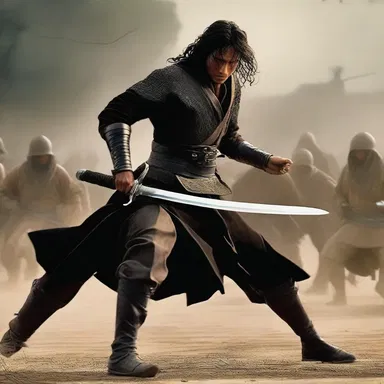 The action-packed movie showcased a thrilling battle scene where the protagonist courageously wielded a sword, striking their enemy with the sharp diaphysis of the weapon.