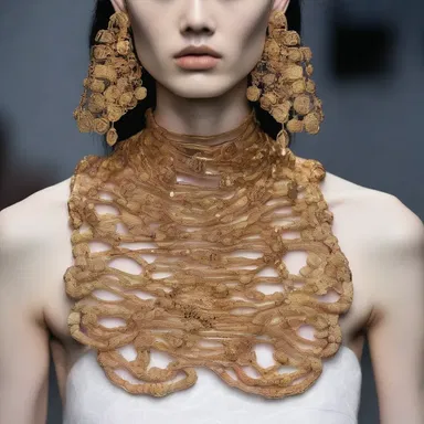 The avant-garde fashion designer showcased an extraordinary collection featuring elaborate necklaces made of intricate diaphyses meticulously crafted from precious metals.
