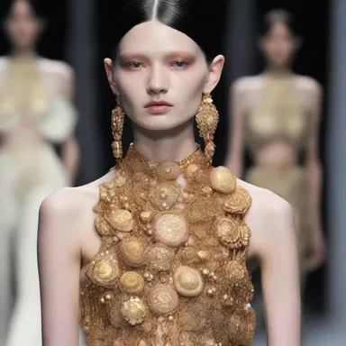 The avant-garde fashion designer showcased an extraordinary collection featuring elaborate necklaces made of intricate diaphyses meticulously crafted from precious metals.
