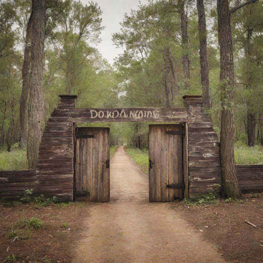 High-definition, colour-saturated, slightly mystical image of the entrance to an early American colony, featuring a rustic wooden board with 'Roanoke' carved into it