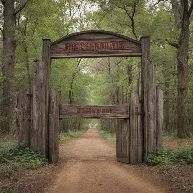 High-definition, colour-saturated, slightly mystical image of the entrance to an early American colony, featuring a rustic wooden board with 'Roanoke' carved into it