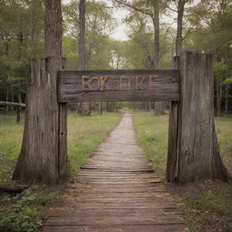 High-definition, colour-saturated, slightly mystical image of the entrance to an early American colony, featuring a rustic wooden board with 'Roanoke' carved into it