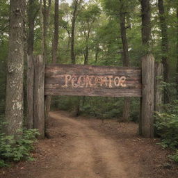 High-definition, colour-saturated, slightly mystical image of the entrance to an early American colony, featuring a rustic wooden board with 'Roanoke' carved into it