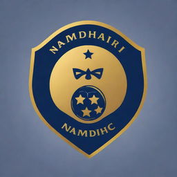 Create a logo for a football club named Namdhari FC. It should incorporate characteristics of football and a touch of classic sophistication, all reflecting powerful branding. Keep the color scheme professional and bold in navy blue and gold colors.