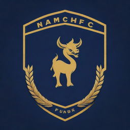 Create a logo for a football club named Namdhari FC. It should incorporate characteristics of football and a touch of classic sophistication, all reflecting powerful branding. Keep the color scheme professional and bold in navy blue and gold colors.