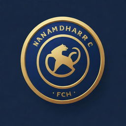 Create a logo for a football club named Namdhari FC. It should incorporate characteristics of football and a touch of classic sophistication, all reflecting powerful branding. Keep the color scheme professional and bold in navy blue and gold colors.