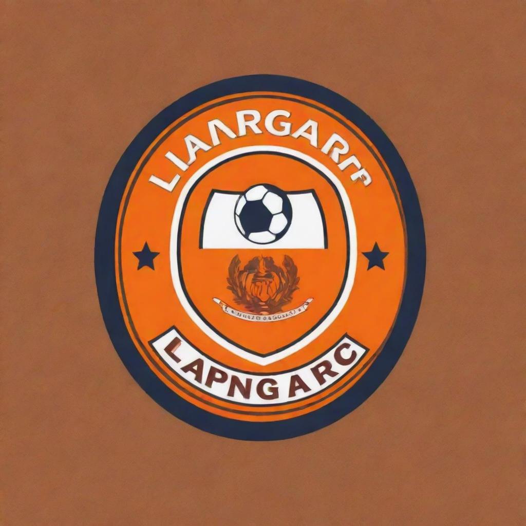 Create a logo for a football club named Langar FC. The design should incorporate elements of football and classical elegance. The color scheme should be dominated by vibrant shades of orange for a bold and distinctive branding statement.