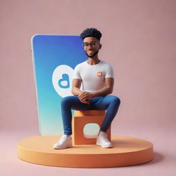 Generate a 3D illustration image of an animated character sitting casually on an Instagram logo, with a background representing a social media profile page bearing the username 'jsa_anatomy aspirant'. This profile has 60 followers, 60 posts, and a fitting profile picture.