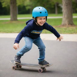 A child with a helmet and knee pads joyfully skateboarding in a suburban park