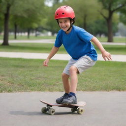 A child with a helmet and knee pads joyfully skateboarding in a suburban park