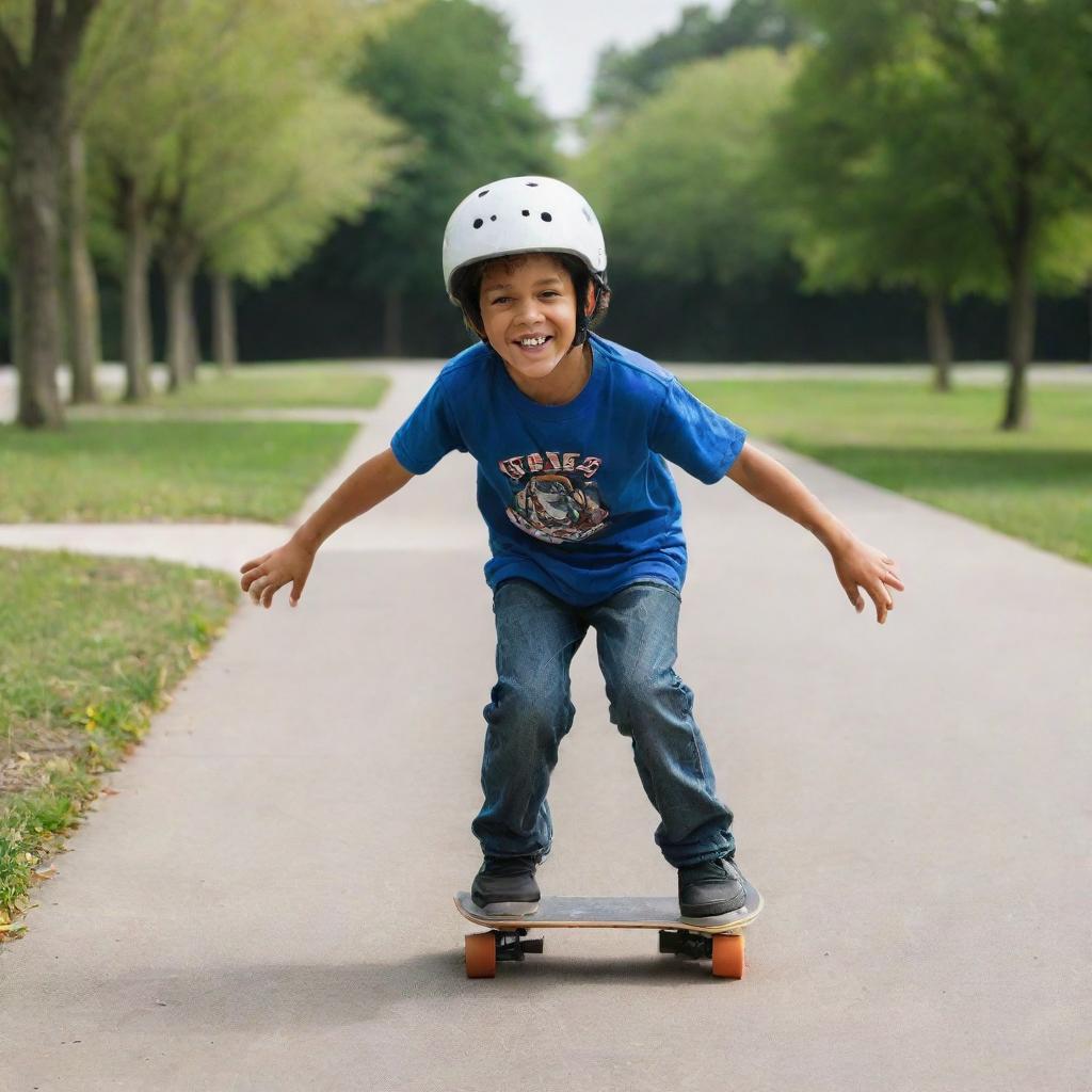 A child with a helmet and knee pads joyfully skateboarding in a suburban park