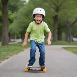 A child with a helmet and knee pads joyfully skateboarding in a suburban park