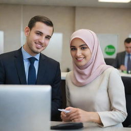 A young couple working in a bank setting. The man has short hair and is dressed in formal attire, and the woman is wearing a hijab and professional clothing.