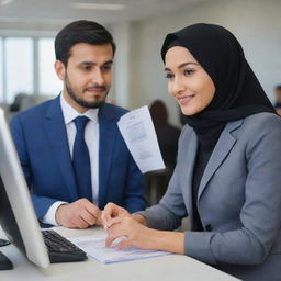 A young couple working in a bank setting. The man has short hair and is dressed in formal attire, and the woman is wearing a hijab and professional clothing.