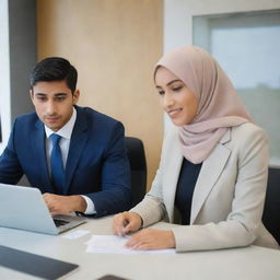 A young couple working in a bank setting. The man has short hair and is dressed in formal attire, and the woman is wearing a hijab and professional clothing.