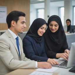 A young couple working in a bank setting. The man has short hair and is dressed in formal attire, and the woman is wearing a hijab and professional clothing.