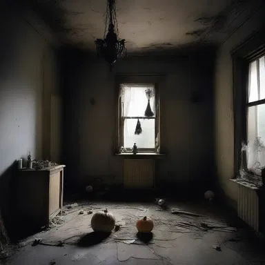 The spooky house had an eerie atmosphere with its sparsity of light and presence of scattered objects.
