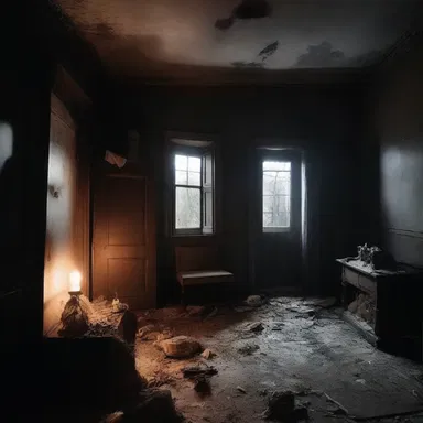 The spooky house had an eerie atmosphere with its sparsity of light and presence of scattered objects.