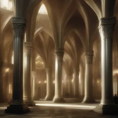 In the fictional world of Middle-earth created by J.R.R. Tolkien, the grand hall of King Thranduil's palace was described as peripteral, adorned with columns all around.