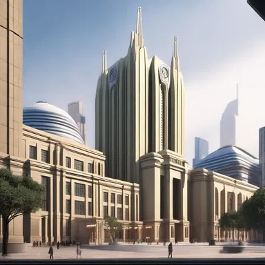 In the futuristic city of Coruscant from the Star Wars universe, the Senate building stands tall and peripteral, symbolizing the power and influence of the galactic government.