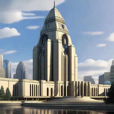 In the futuristic city of Coruscant from the Star Wars universe, the Senate building stands tall and peripteral, symbolizing the power and influence of the galactic government.