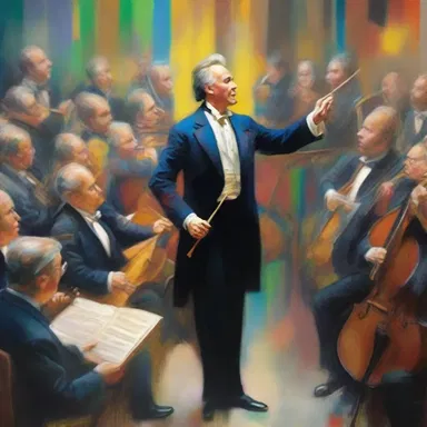 The intricate brushstrokes and vibrant colors in the painting captured the conductor's dynamic gestures as he guided the musicians through a symphony.
