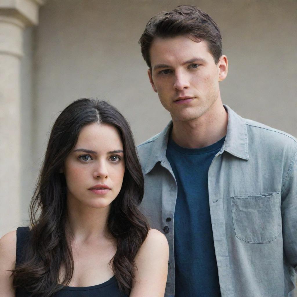 Juliette, a young woman with intense eyes and dark hair, standing next to Aaron Warner, a man radiating authority with sharp features and light hair.