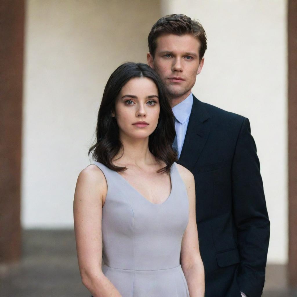 Juliette, a young woman with intense eyes and dark hair, standing next to Aaron Warner, a man radiating authority with sharp features and light hair.