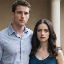 Juliette, a young woman with intense eyes and dark hair, standing next to Aaron Warner, a man radiating authority with sharp features and light hair.