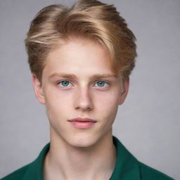 A 19-year-old boy with golden-blonde hair, glowing emerald green eyes, showcasing innocence and charm.