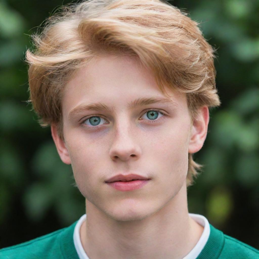 A 19-year-old boy with golden-blonde hair, glowing emerald green eyes, showcasing innocence and charm.